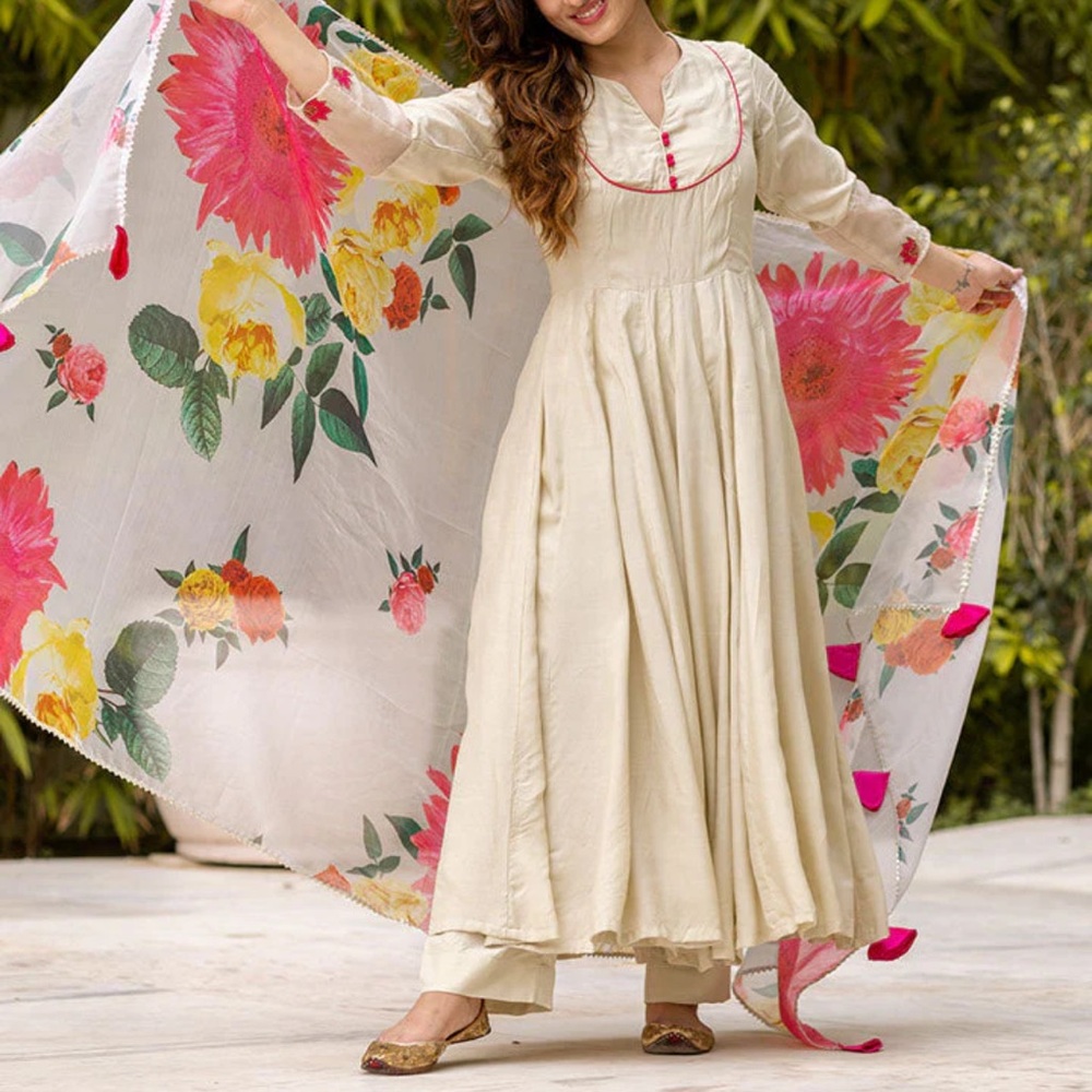 Elegant Cream Anarkali Kurta Set with Floral Dupatta